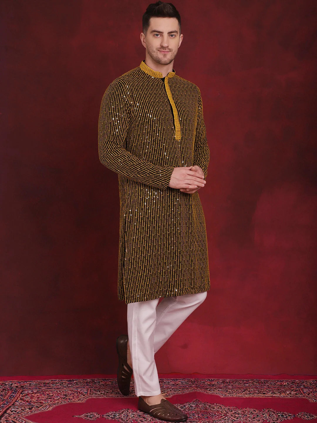 Yellow Sequin Chikankari Kurta - Mens Indian Kurta for Weddings