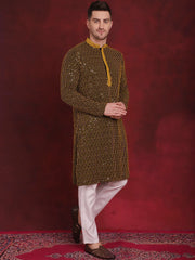 Men Sequins Chikankari Embroidered Kurtas ( KO 5024Yellow )