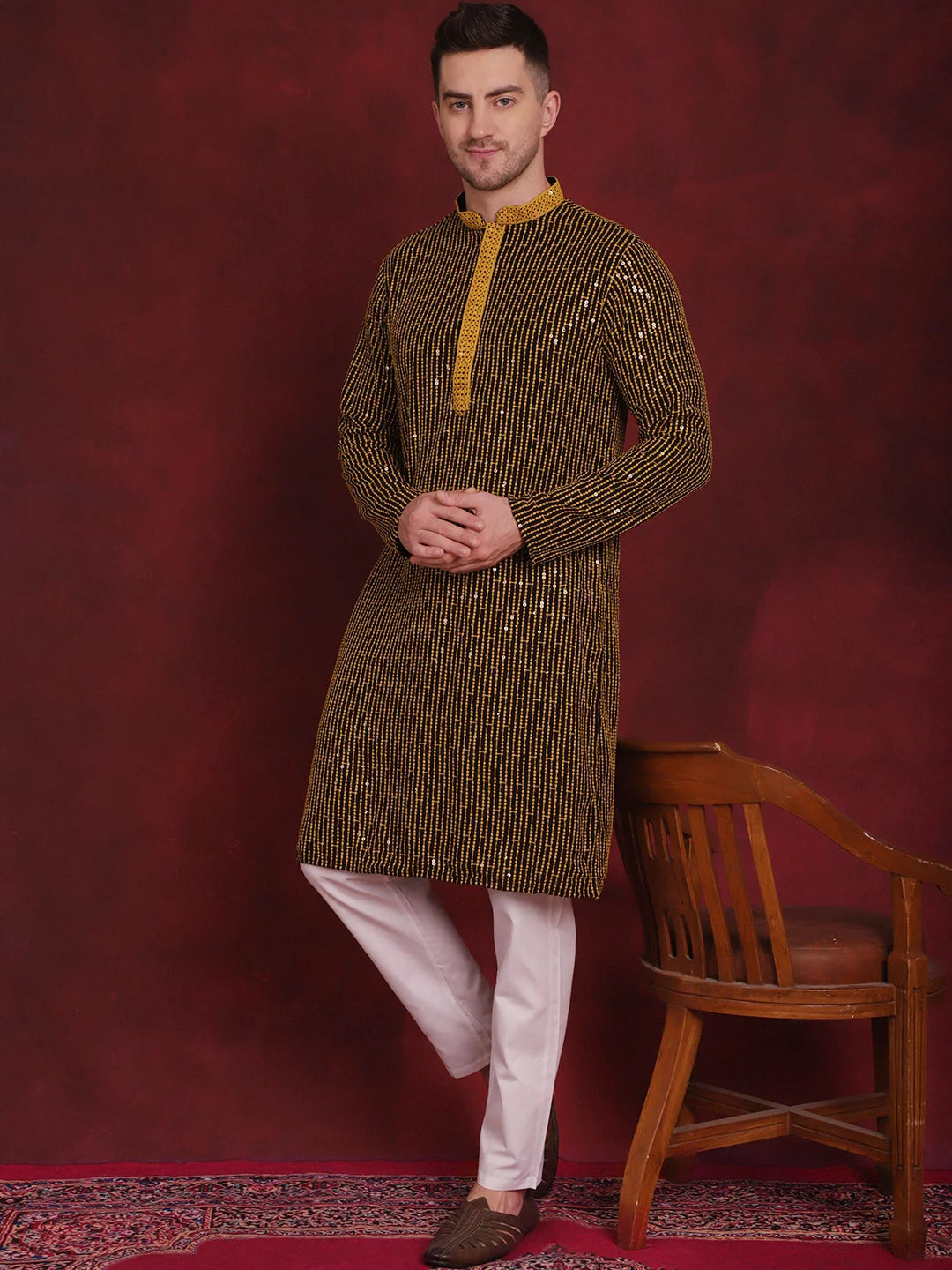Yellow Sequin Chikankari Kurta - Mens Indian Kurta for Weddings