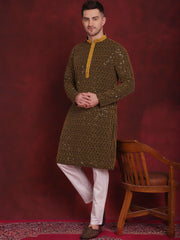 Men Sequins Chikankari Embroidered Kurtas ( KO 5024Yellow )