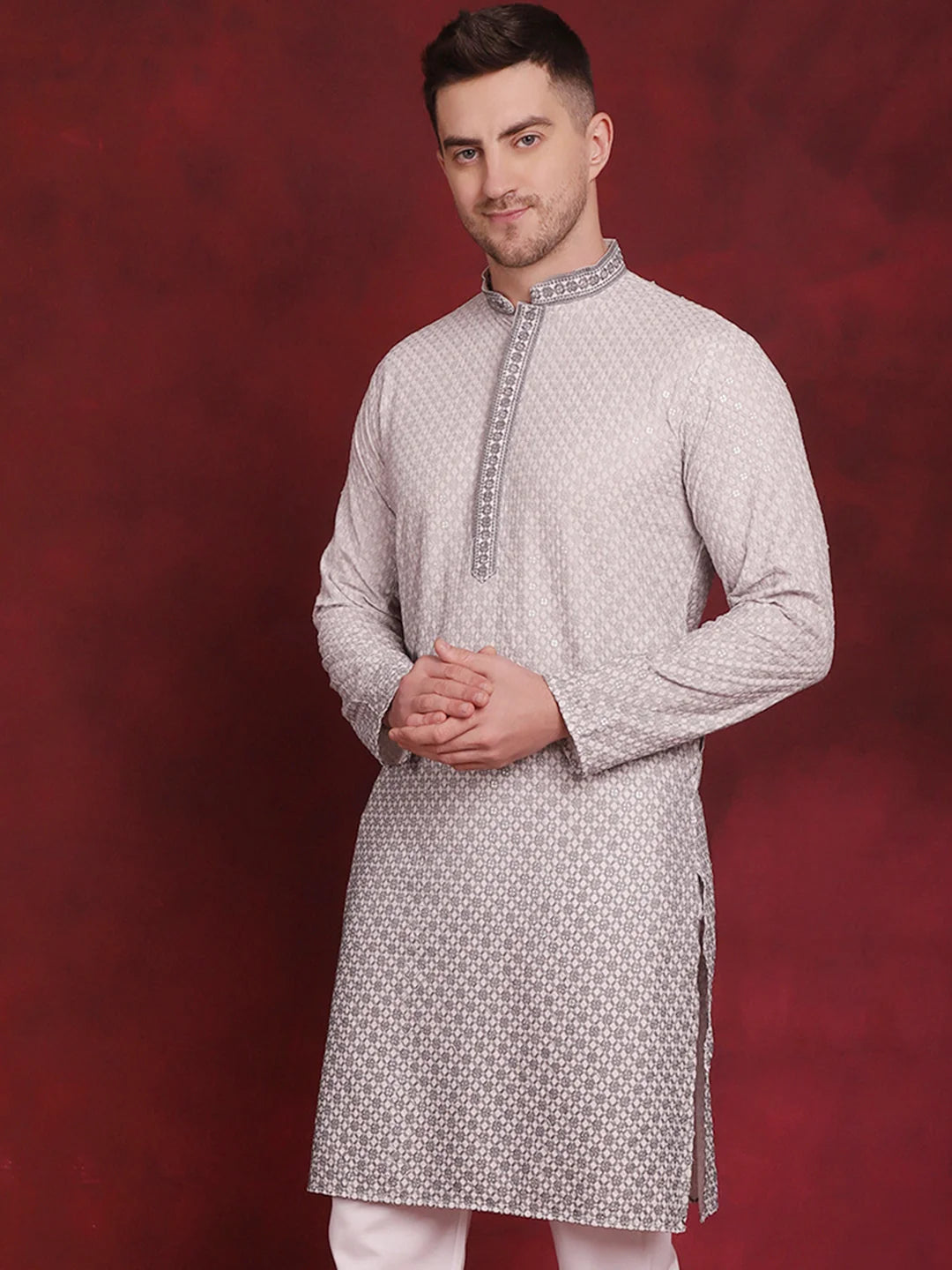 Grey Sequin Embroidered Mens Kurta - Indian Kurta for Men
