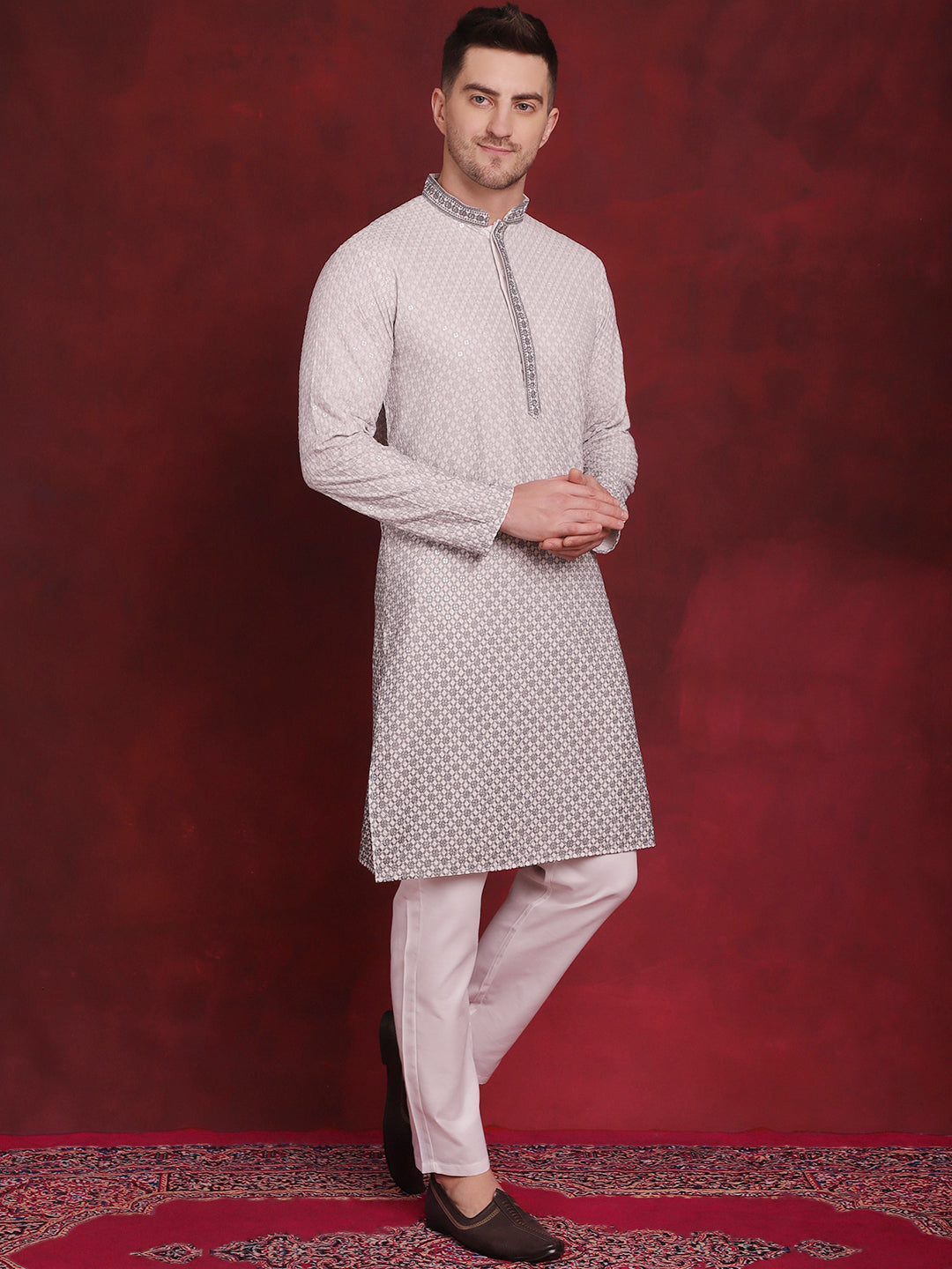 Grey Sequin Embroidered Mens Kurta - Indian Kurta for Men