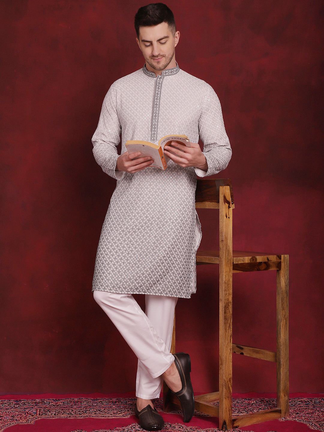 Grey Sequin Embroidered Mens Kurta - Indian Kurta for Men