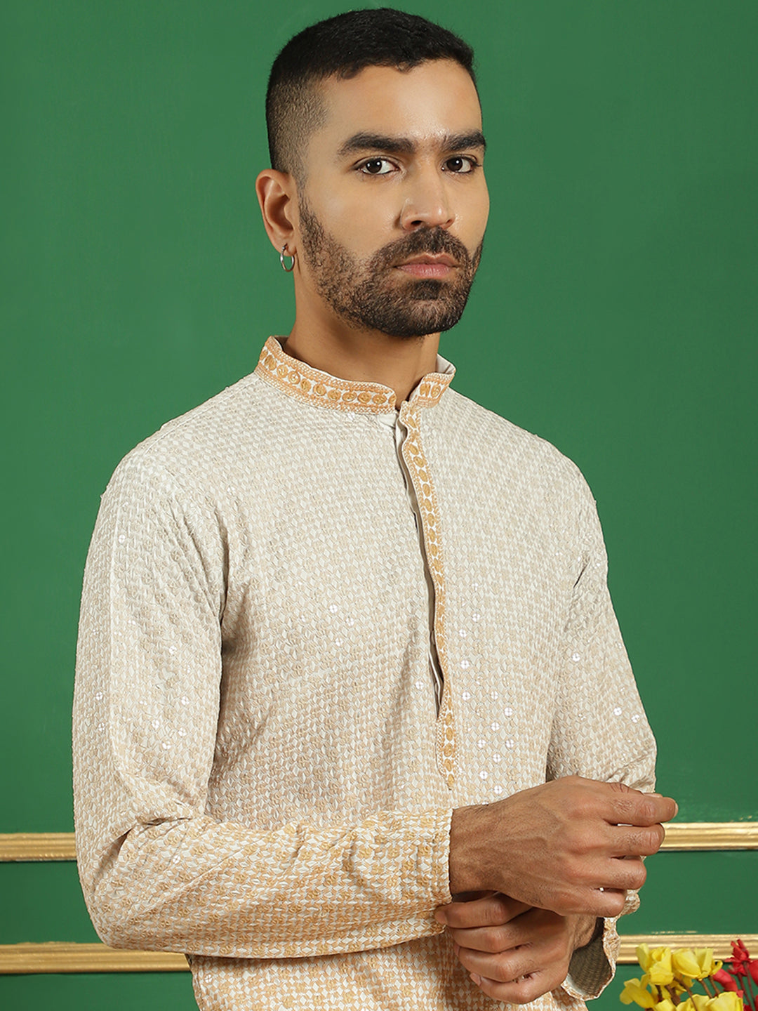 Men's Embroidered Kurtas-KO-5025Mustard