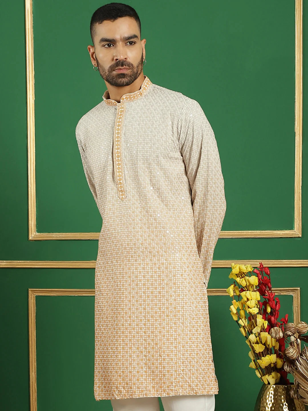 Mustard Embroidered Men's Kurta: Indian Kurta for Weddings