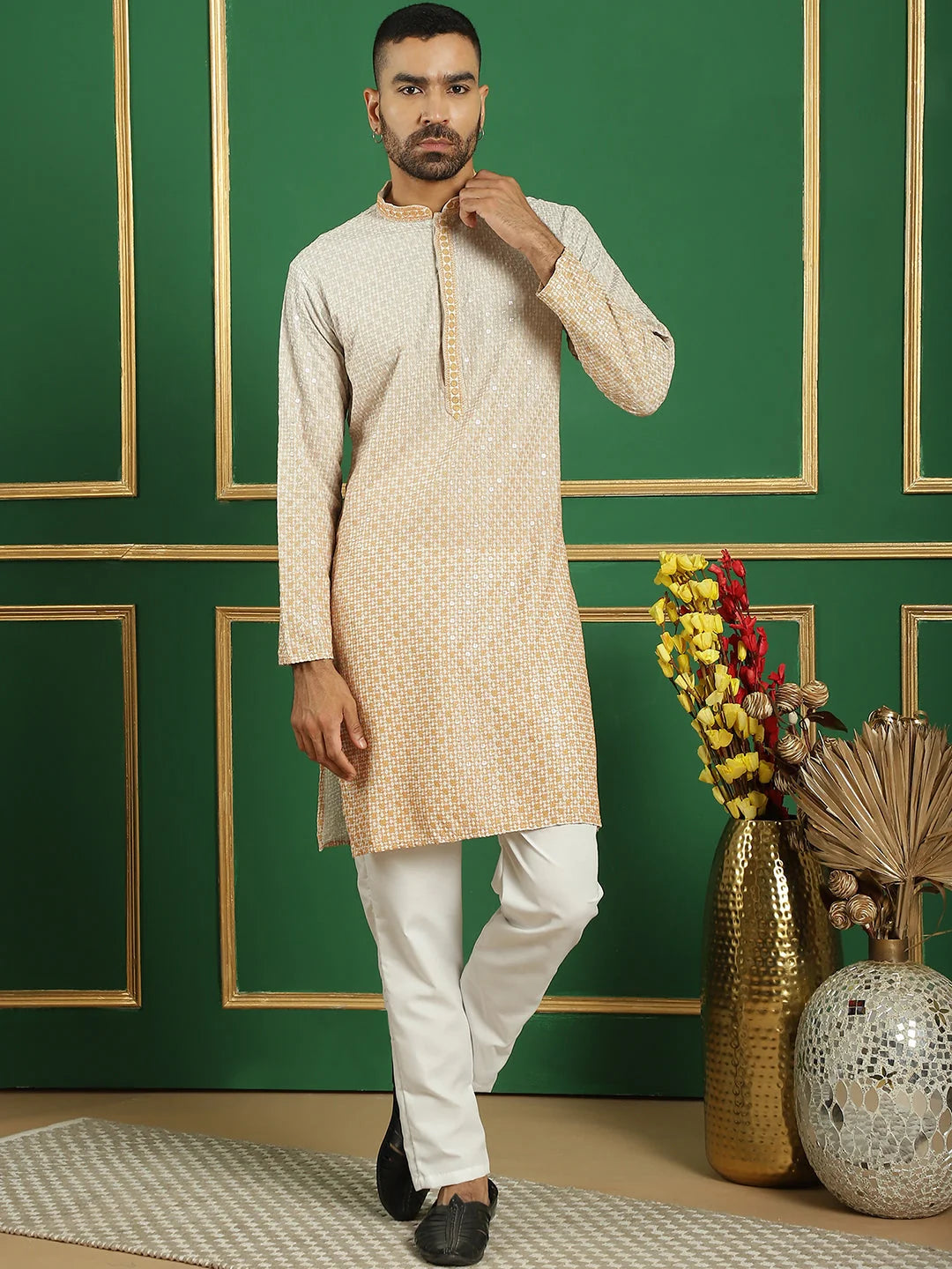Mustard Embroidered Men's Kurta: Indian Kurta for Weddings