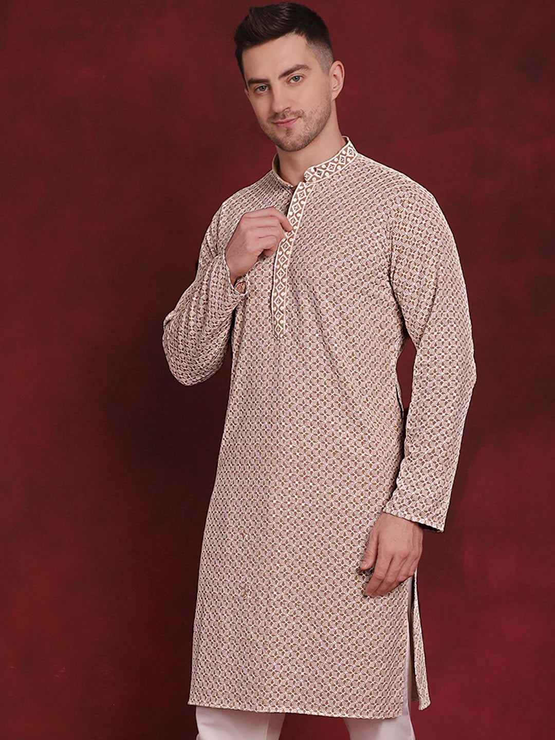 Beige Sequin Embroidered Mens Kurta - Indian Kurta for Men