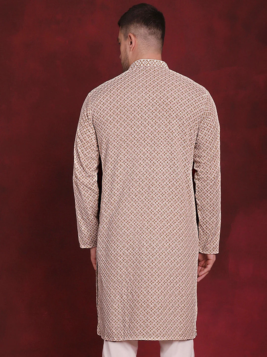 Beige Sequin Embroidered Mens Kurta - Indian Kurta for Men