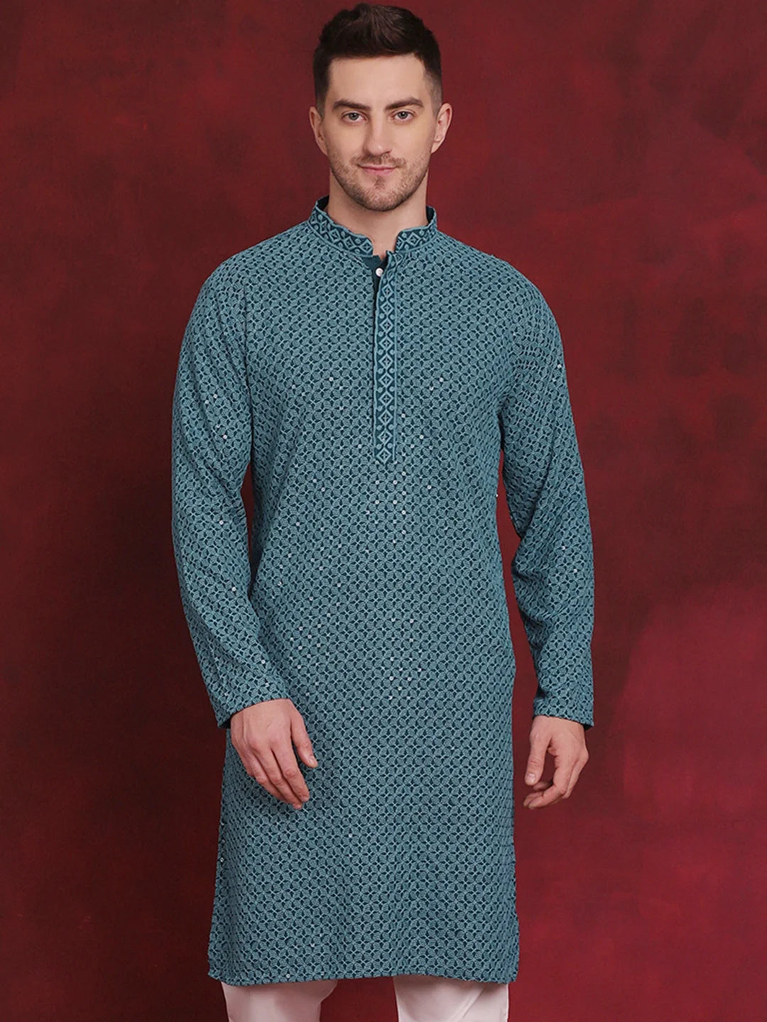 Men Sequin Embroidered Pure Cotton Kurtas ( KO 5028Blue )