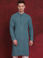 Men Sequin Embroidered Pure Cotton Kurtas ( KO 5028Blue )