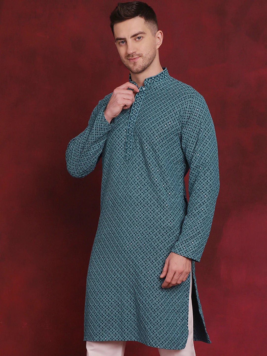 Blue Sequin Embroidered Mens Kurta - Indian Kurta for Men