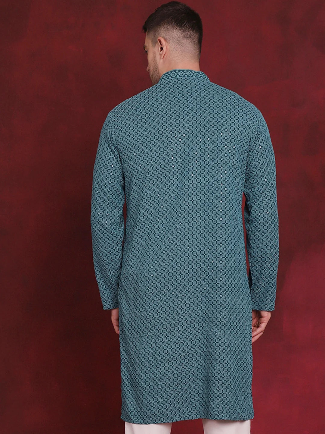 Blue Sequin Embroidered Mens Kurta - Indian Kurta for Men