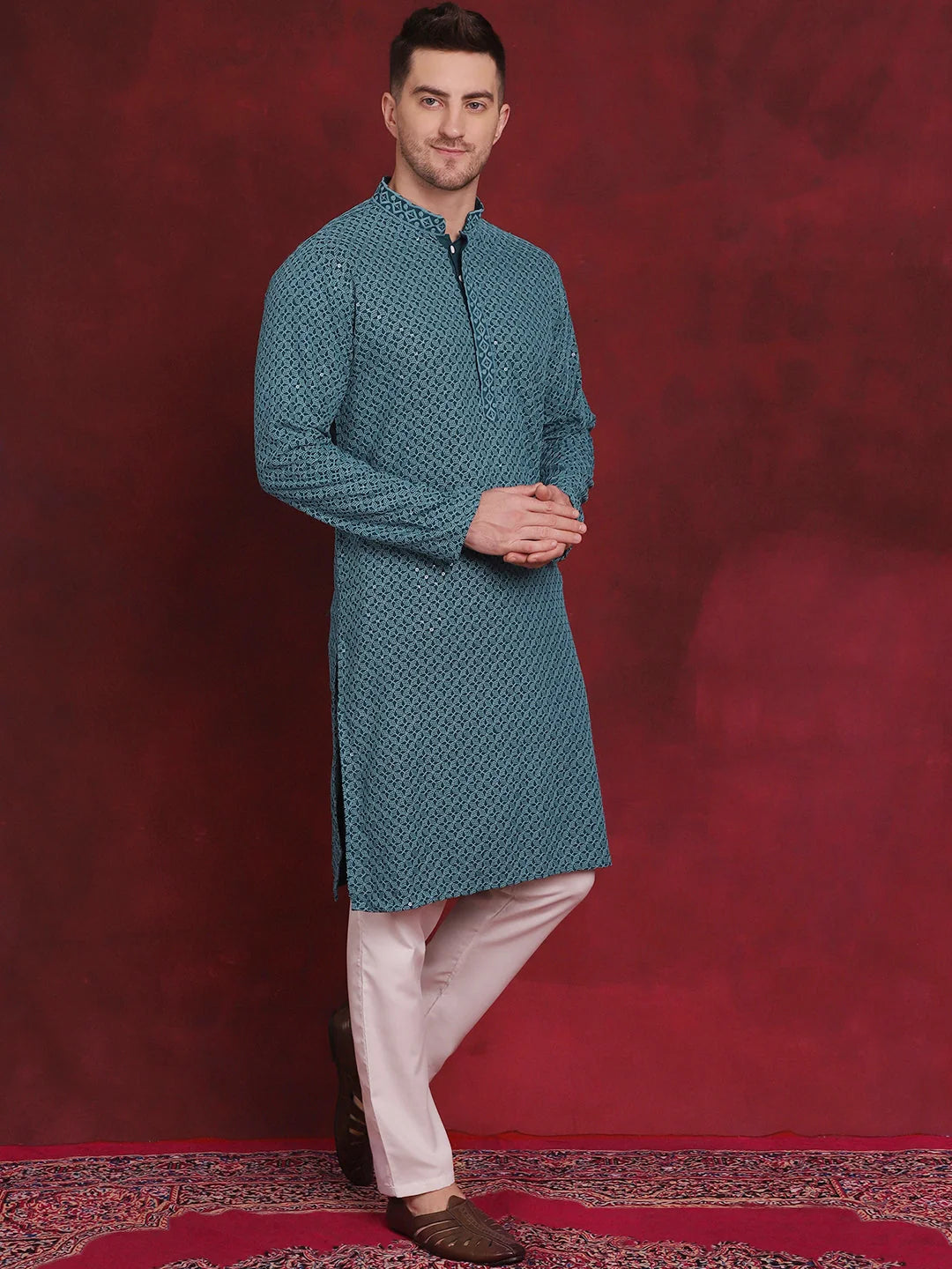 Blue Sequin Embroidered Mens Kurta - Indian Kurta for Men