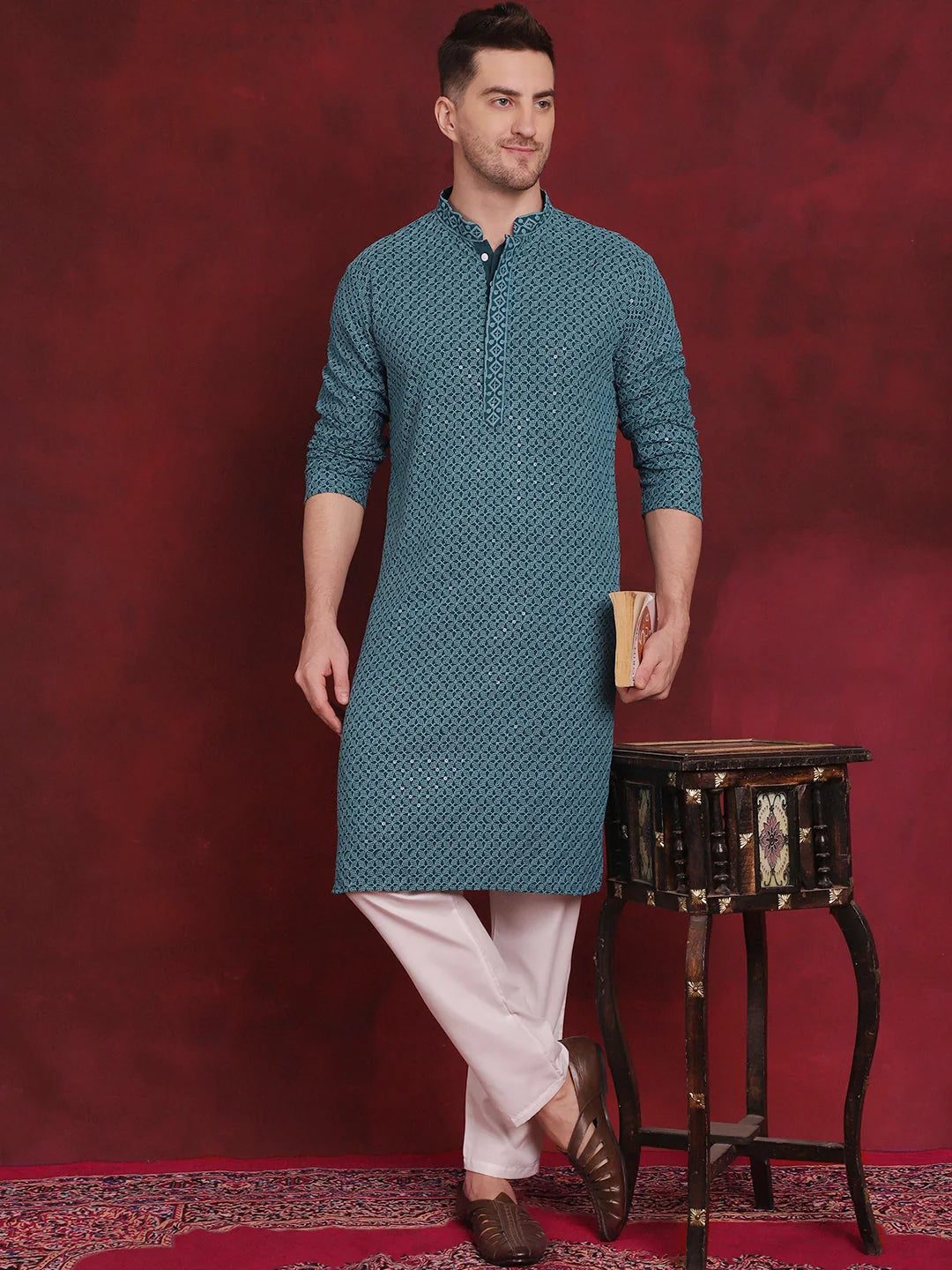 Blue Sequin Embroidered Mens Kurta - Indian Kurta for Men