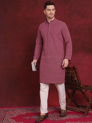 Men Sequin Embroidered Pure Cotton Kurtas ( KO 5028Magenta )