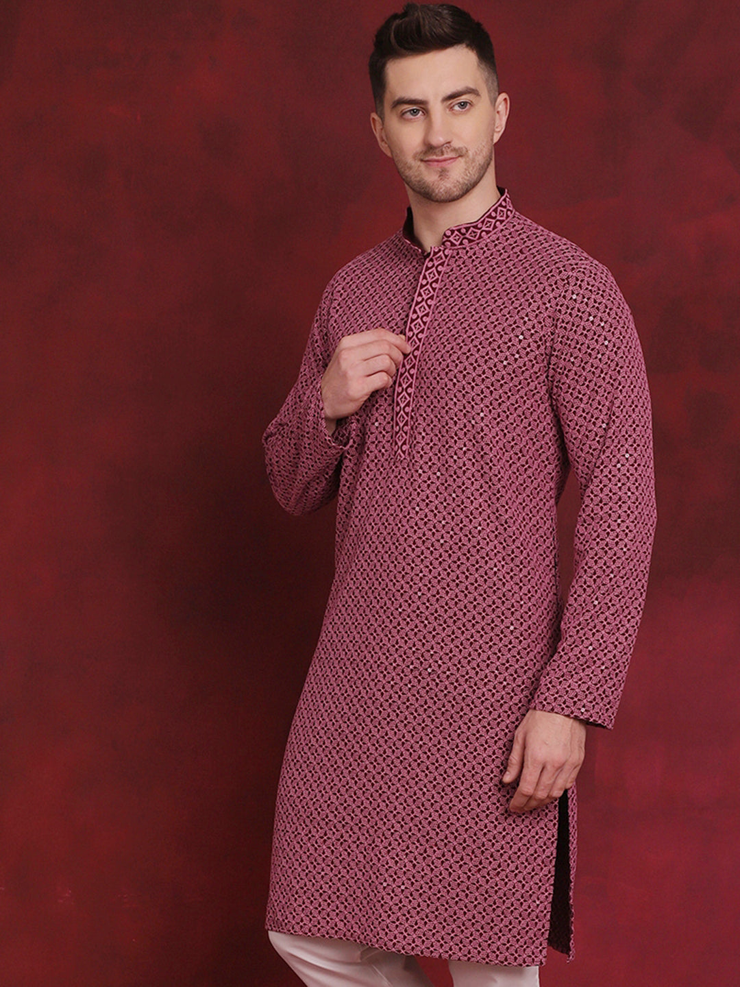 Magenta Sequin Embroidered Mens Kurta - Indian Kurta for Men