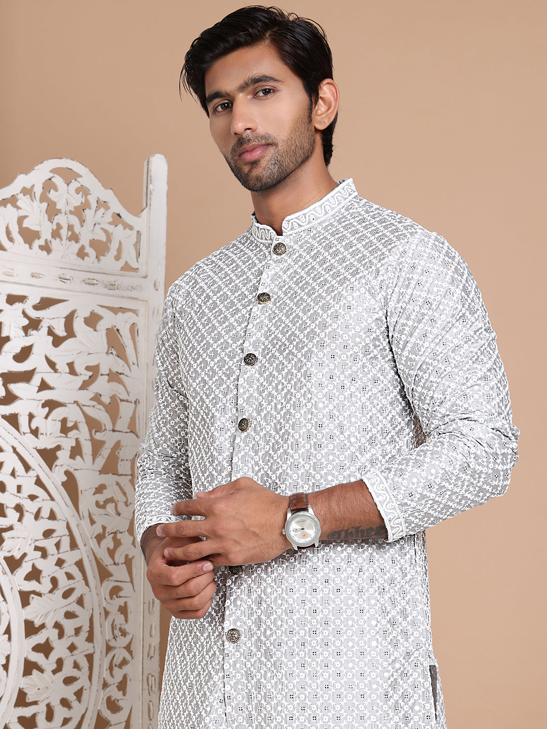 Sequin Chikankari Front Open Kurtas ( KO 5029Grey ) [FF] [H-4-6]