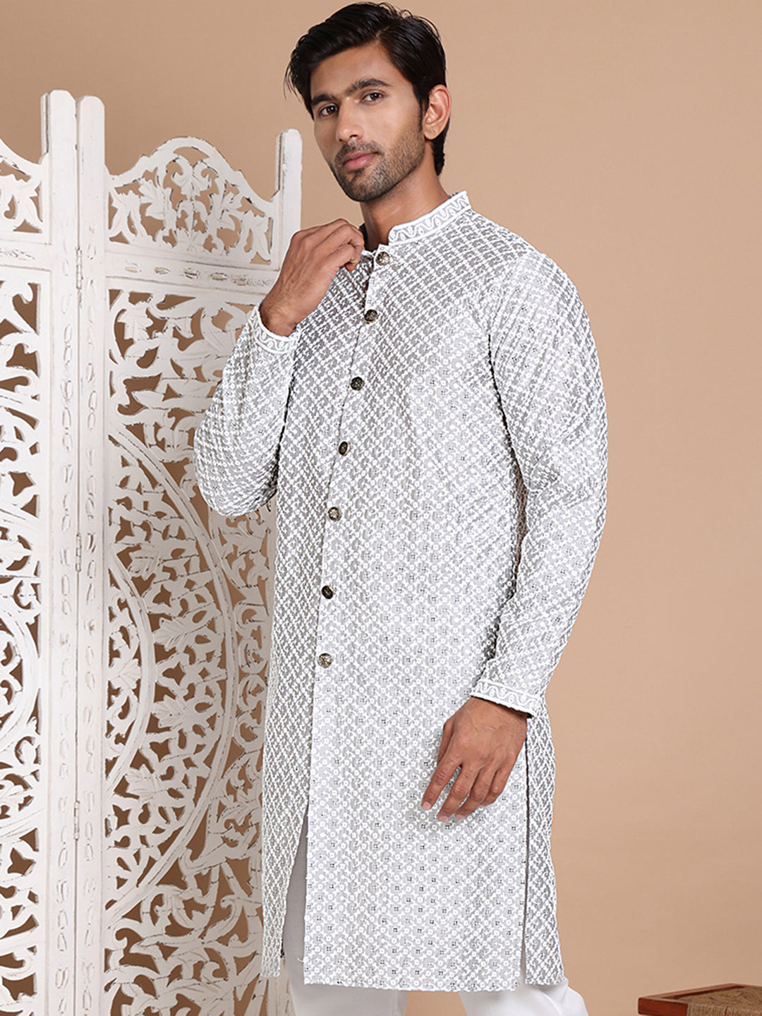 DesiQlo Men Embroidered Kurta Only - Grey - KO_5029Grey_S