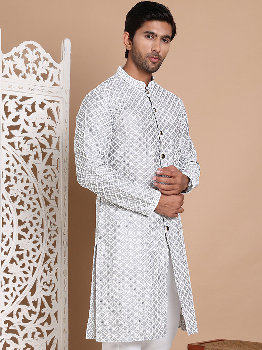 DesiQlo Men Embroidered Kurta Only - Grey - KO_5029Grey_S
