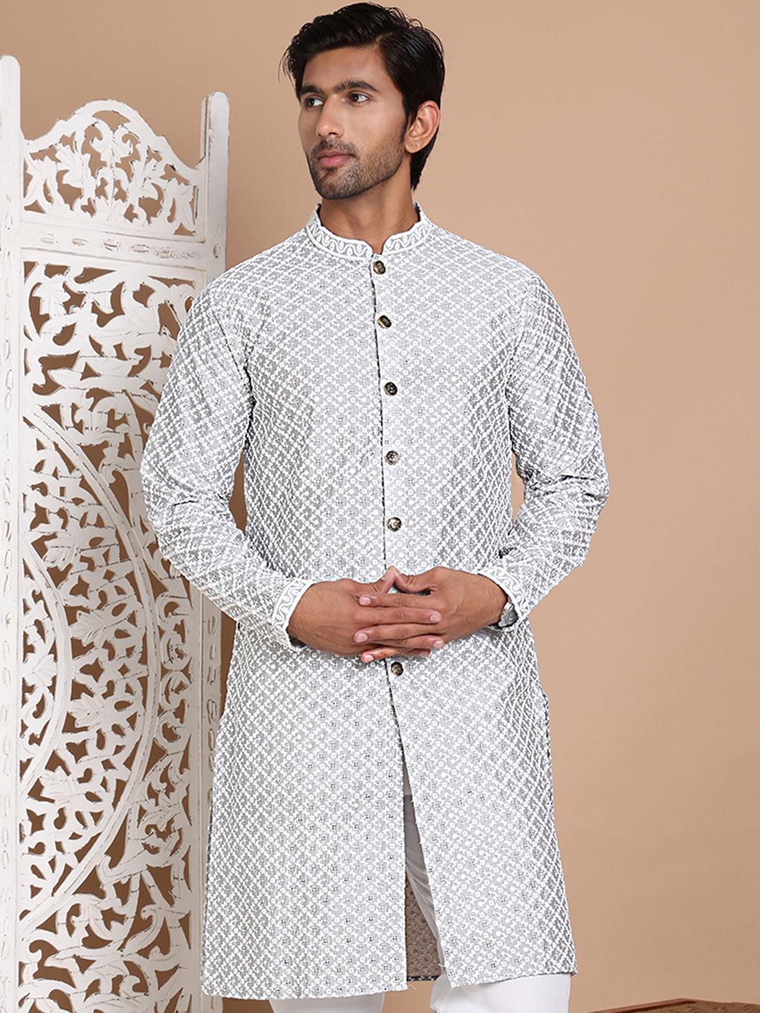 DesiQlo Men Embroidered Kurta Only - Grey - KO_5029Grey_S