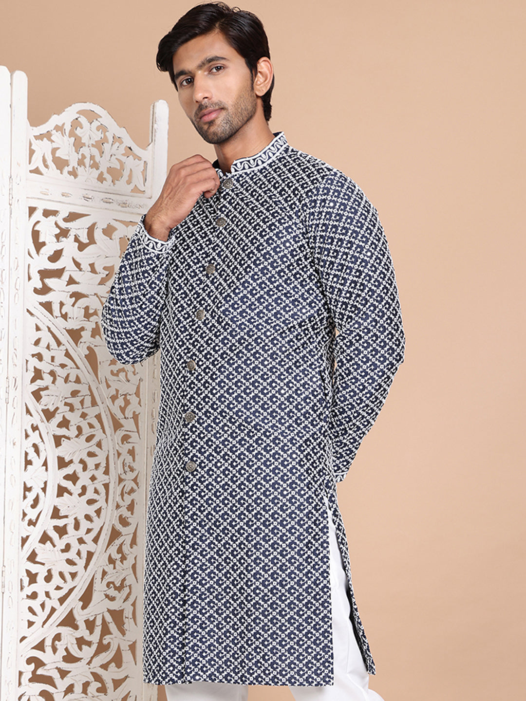 DesiQlo Men Embroidered Kurta Only - Blue - KO_5029Navy_S
