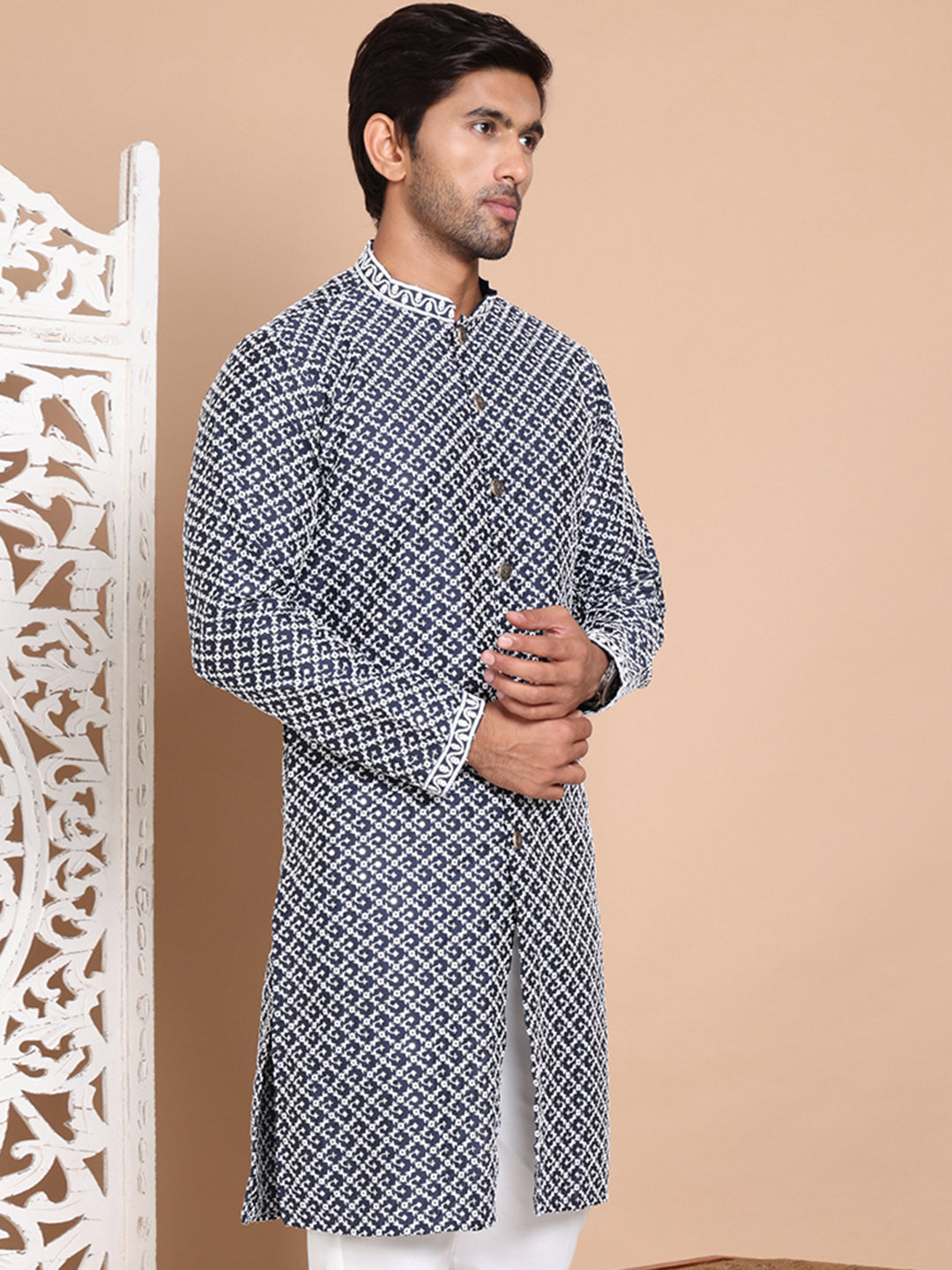 DesiQlo Men Embroidered Kurta Only - Blue - KO_5029Navy_S