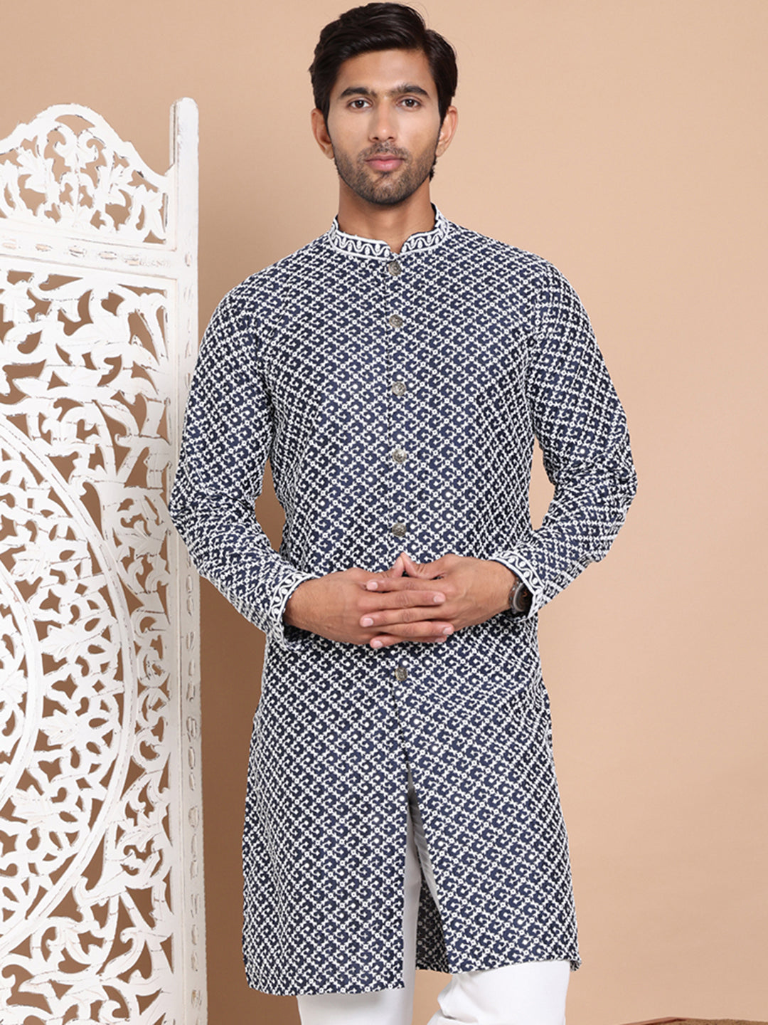 DesiQlo Men Embroidered Kurta Only - Blue - KO_5029Navy_S