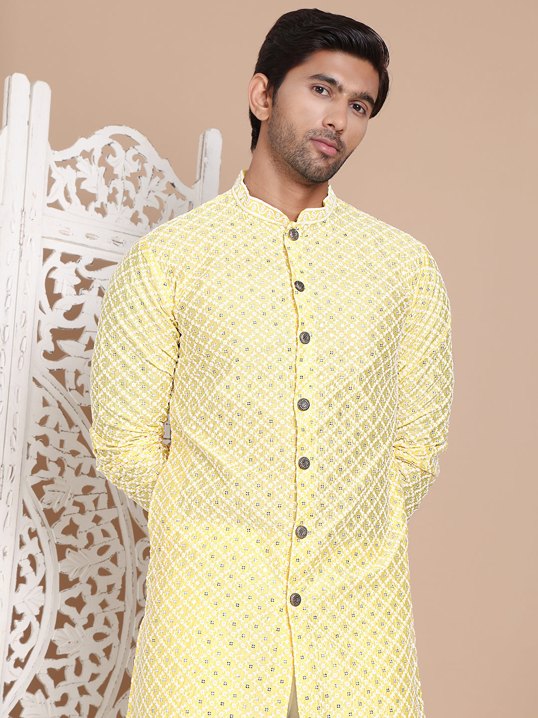 Sequin Chikankari Front Open Kurtas ( KO 5029Yellow ) [FF] [H-4-6]