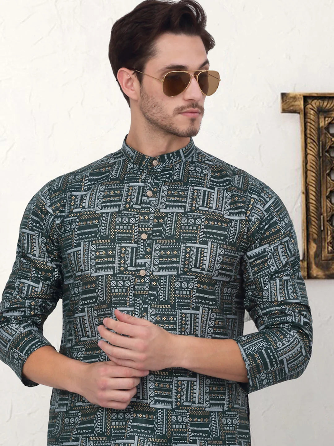 Dark Green Printed Indian Kurta for Men | Cotton Blend