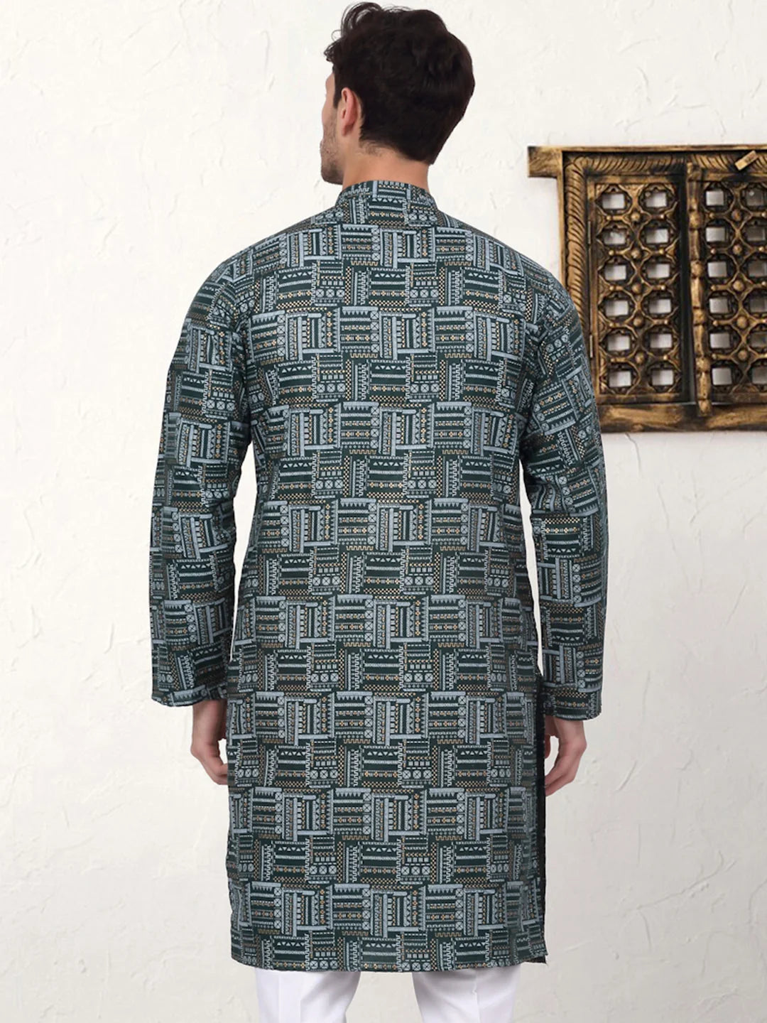 Dark Green Printed Indian Kurta for Men | Cotton Blend