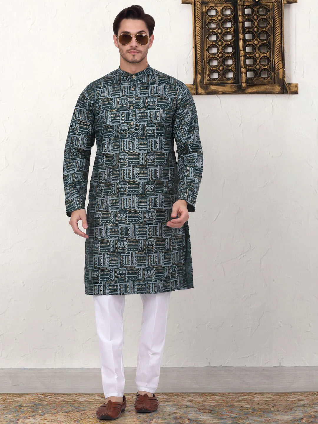 Dark Green Printed Indian Kurta for Men | Cotton Blend