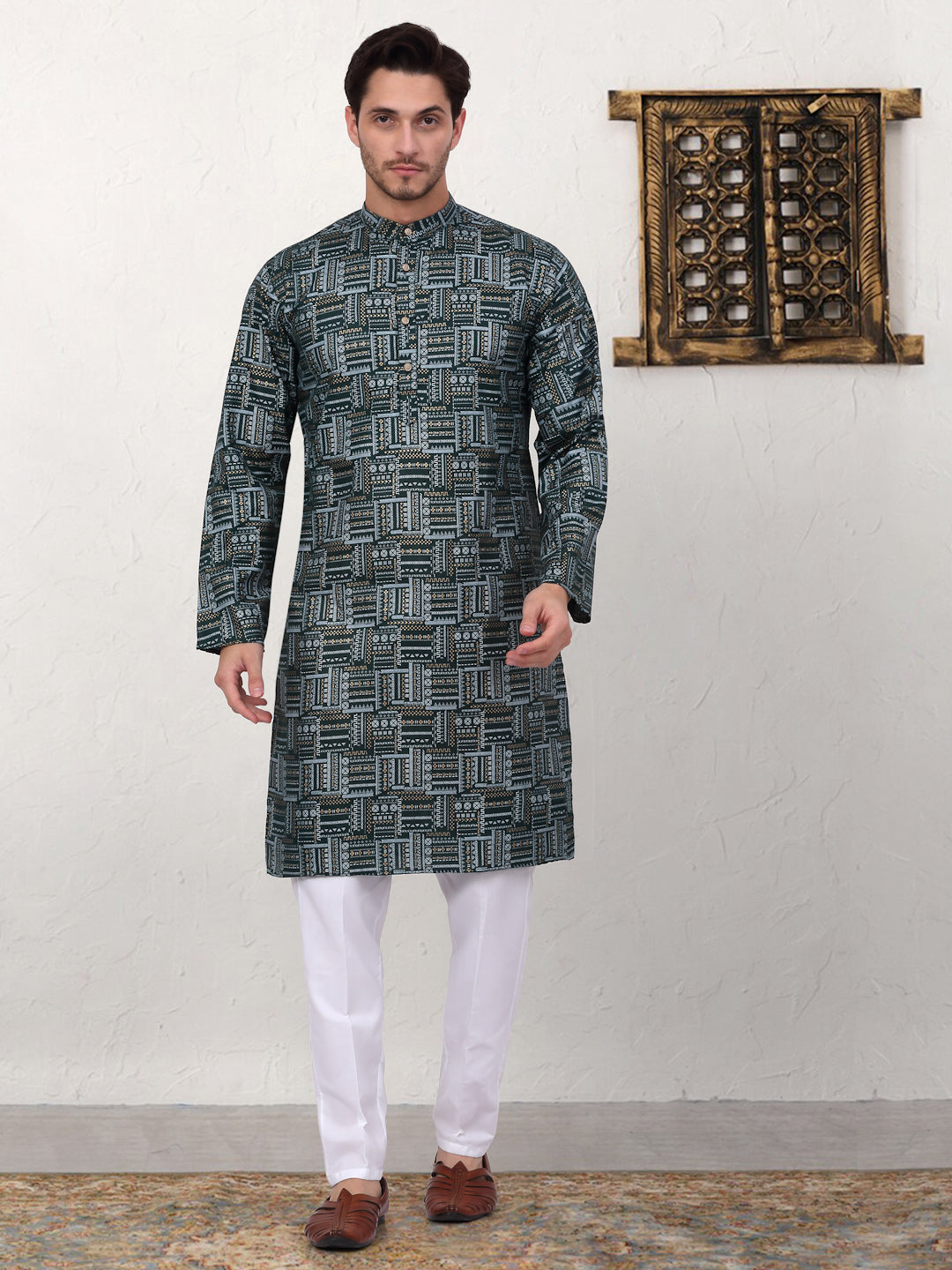 Dark Green Printed Indian Kurta for Men | Cotton Blend