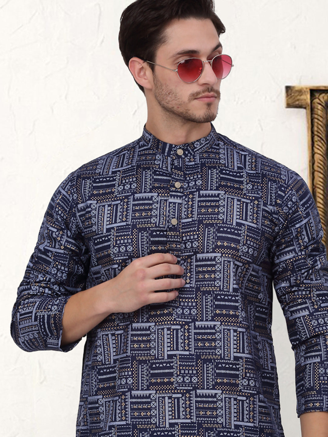 Men's Navy Printed Cotton Indian Kurta - Stylish & Trendy
