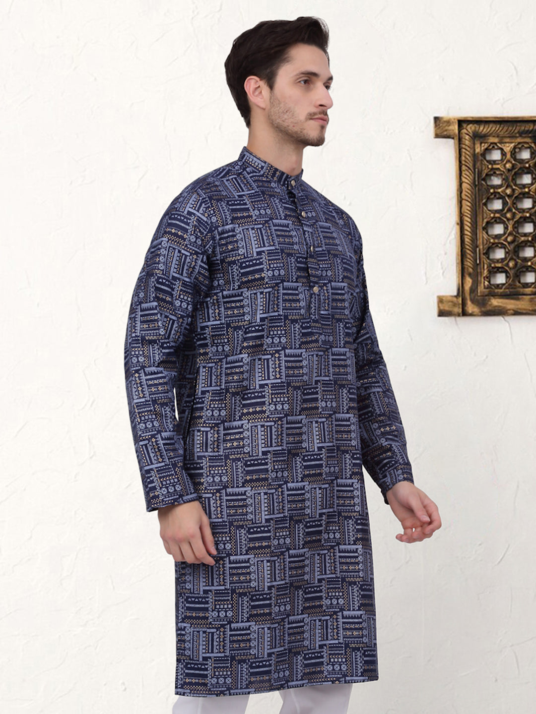 Men's Navy Printed Cotton Indian Kurta - Stylish & Trendy