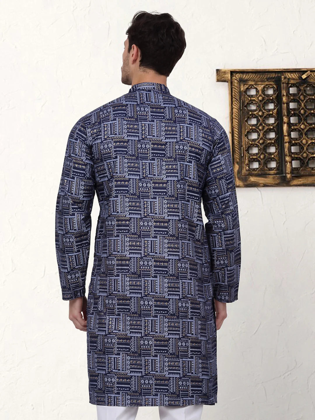 Men's Navy Printed Cotton Indian Kurta - Stylish & Trendy