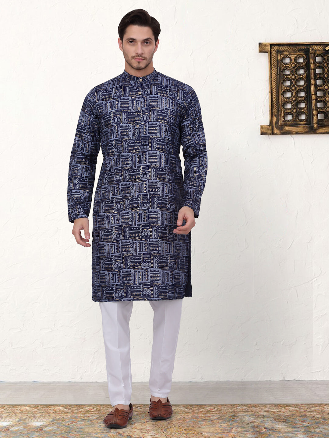 Men's Navy Printed Cotton Indian Kurta - Stylish & Trendy