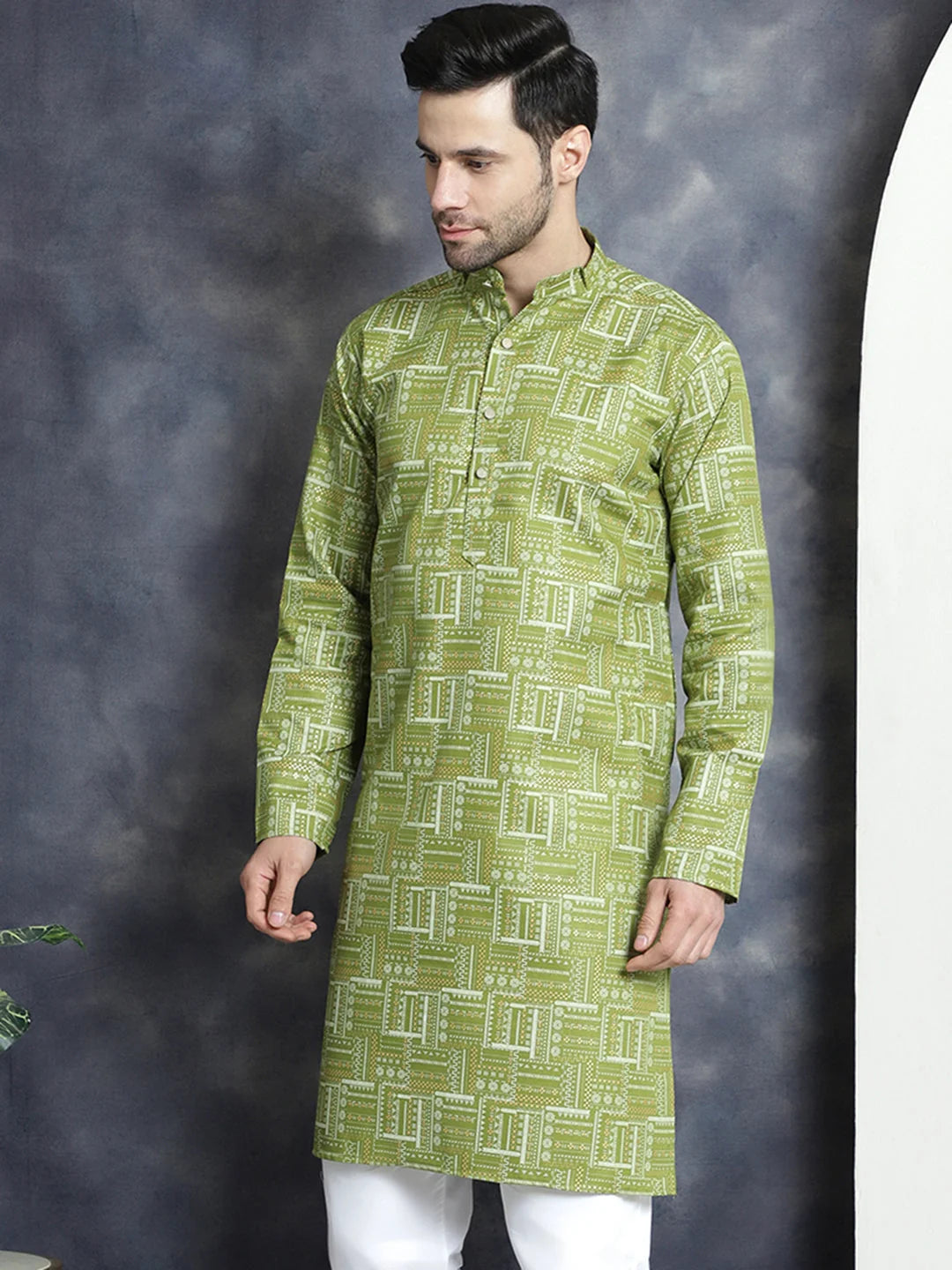 Men's Indian Kurta - Printed KO 5031Olive | Shop Now