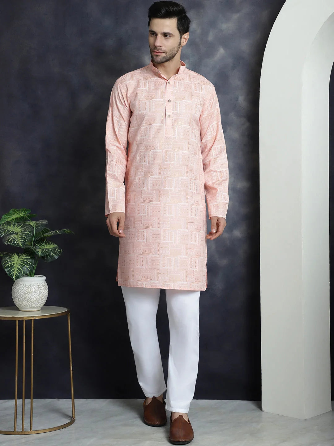 Men's Printed Peach Kurta | Indian Kurta for Men
