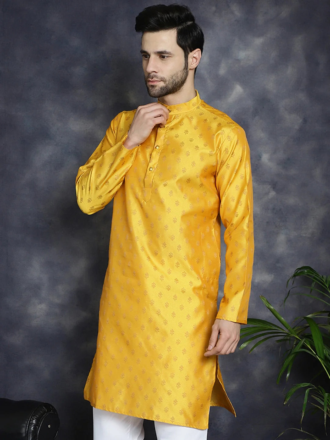 Mustard Woven Design Silk Kurta for Men | Indian Kurta