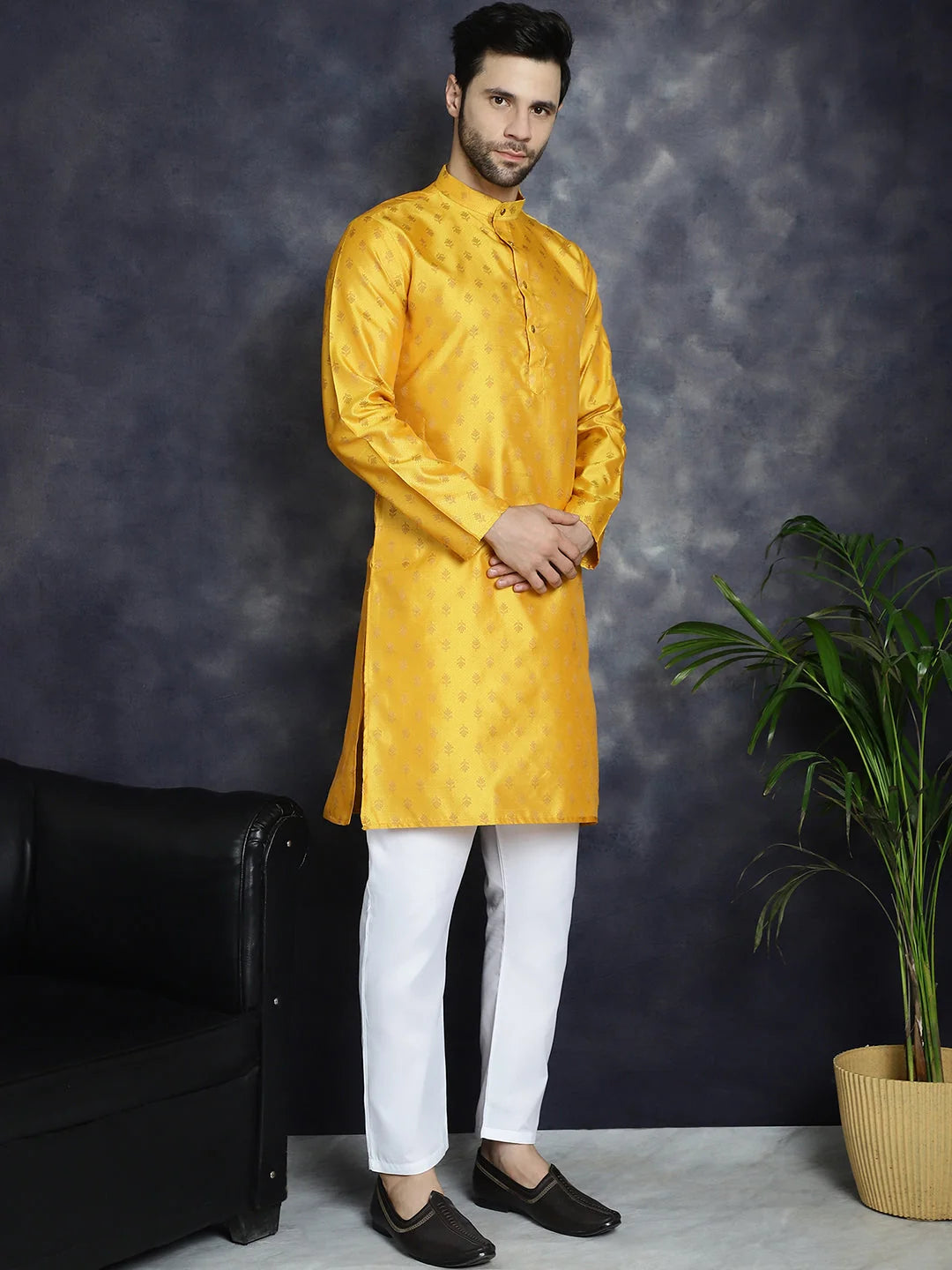 Mustard Woven Design Silk Kurta for Men | Indian Kurta