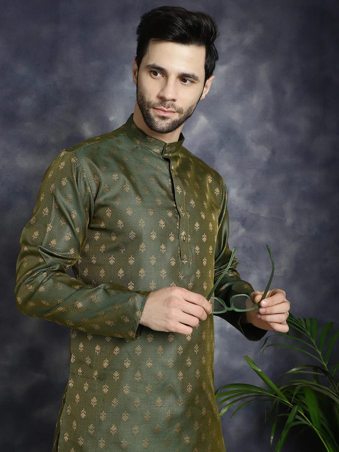 Olive Woven Design Silk Kurta for Men | Mens Kurta