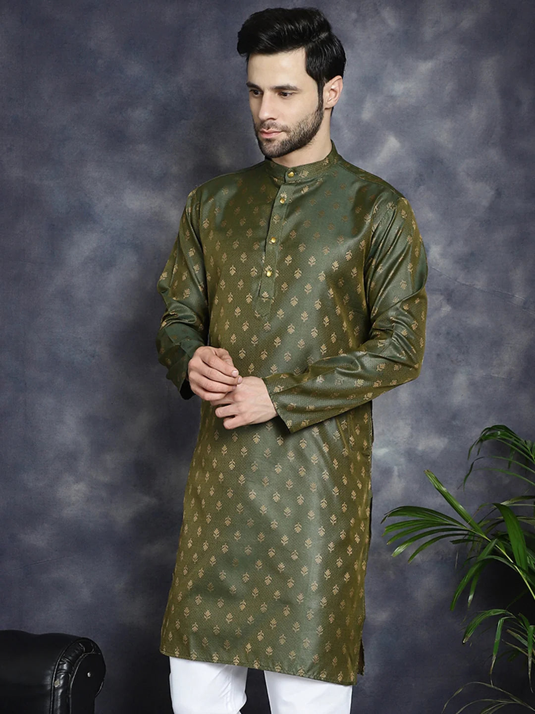 Olive Woven Design Silk Kurta for Men | Mens Kurta