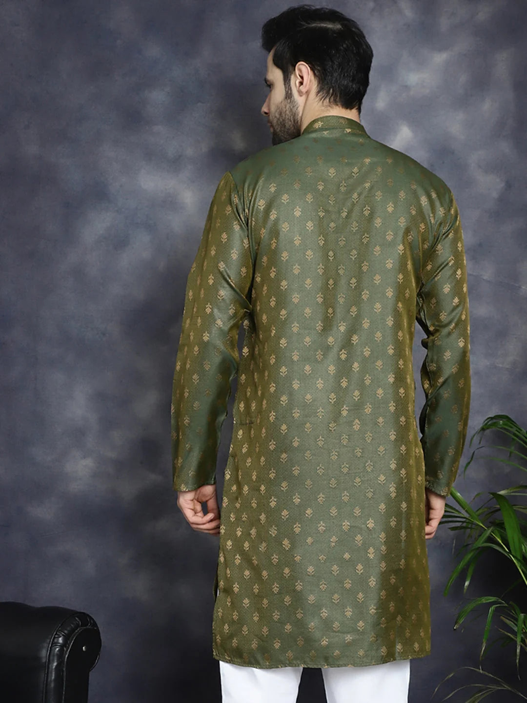Olive Woven Design Silk Kurta for Men | Mens Kurta
