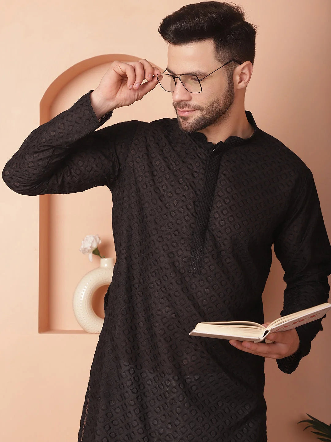 Black Indian Kurta for Men: Cotton Mens Kurta - Chikankari