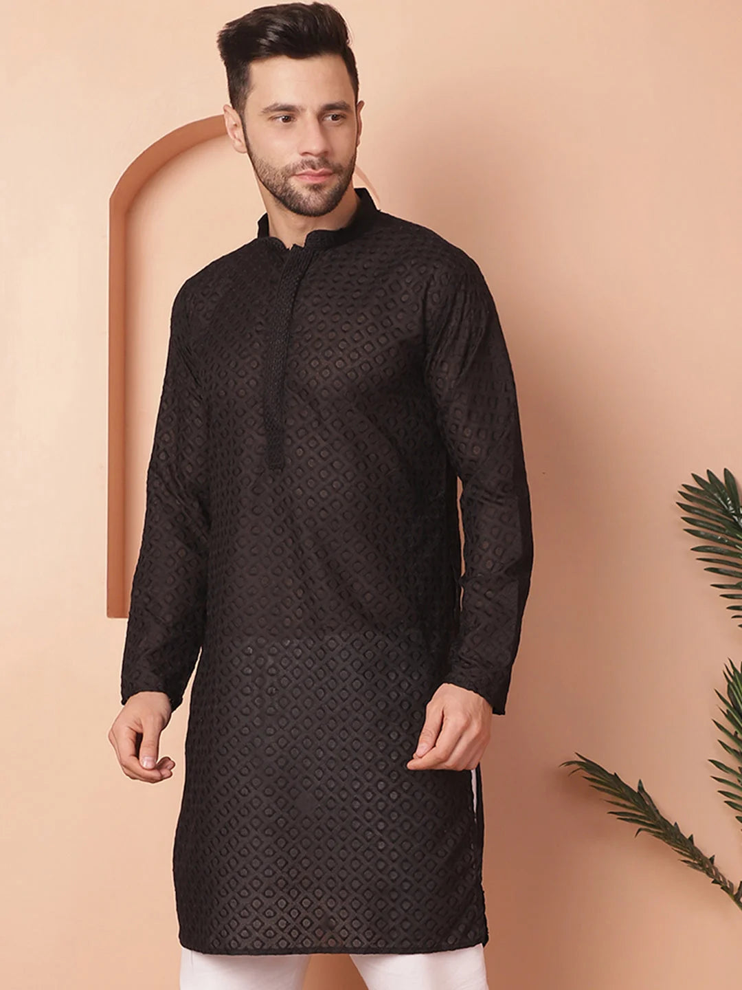 Black Indian Kurta for Men: Cotton Mens Kurta - Chikankari