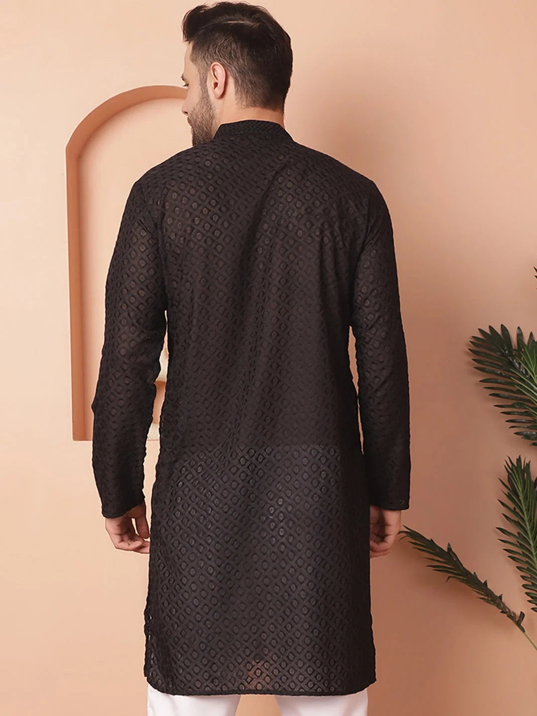 Black Indian Kurta for Men: Cotton Mens Kurta - Chikankari
