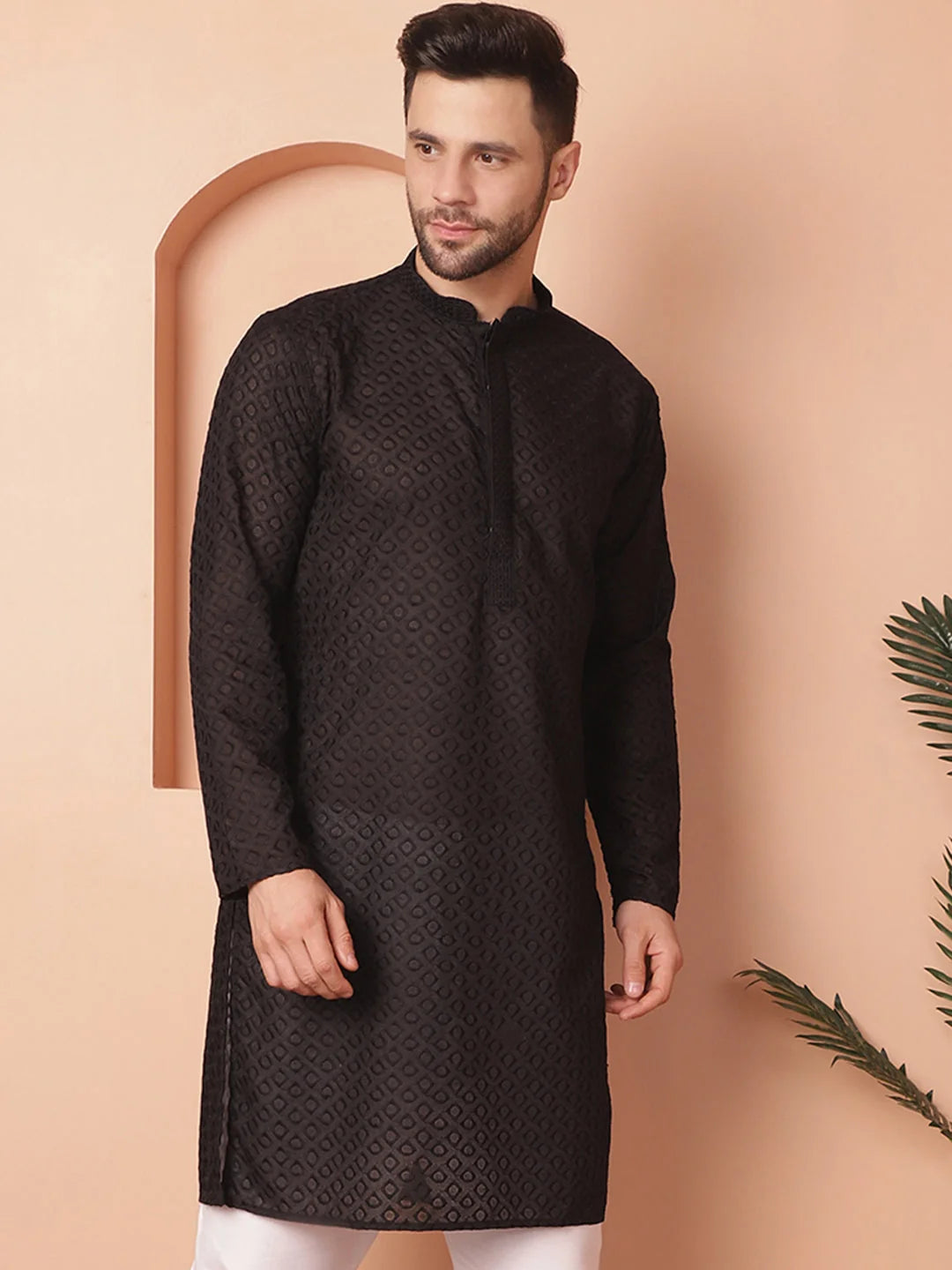 Black Indian Kurta for Men: Cotton Mens Kurta - Chikankari