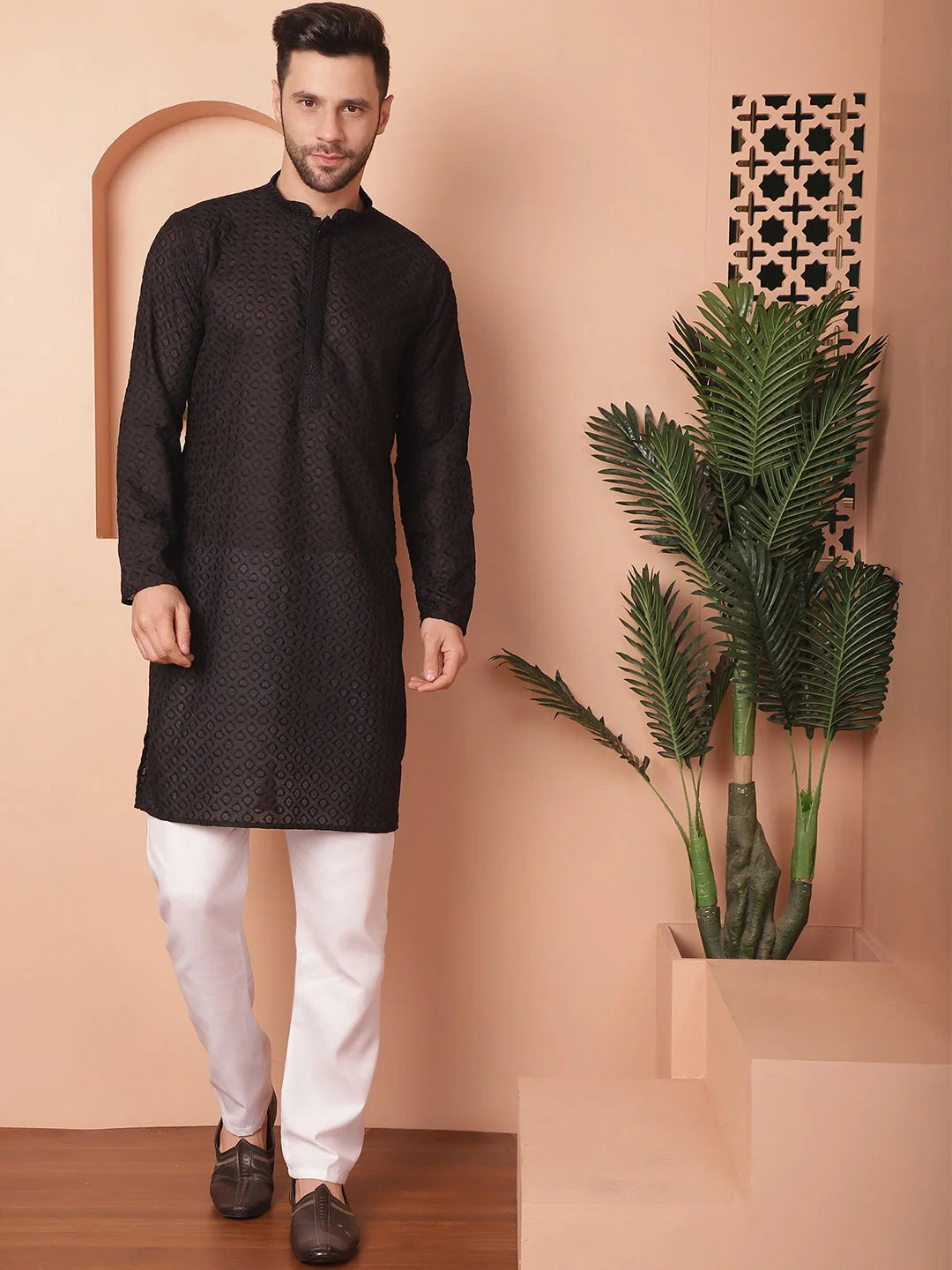 Black Indian Kurta for Men: Cotton Mens Kurta - Chikankari