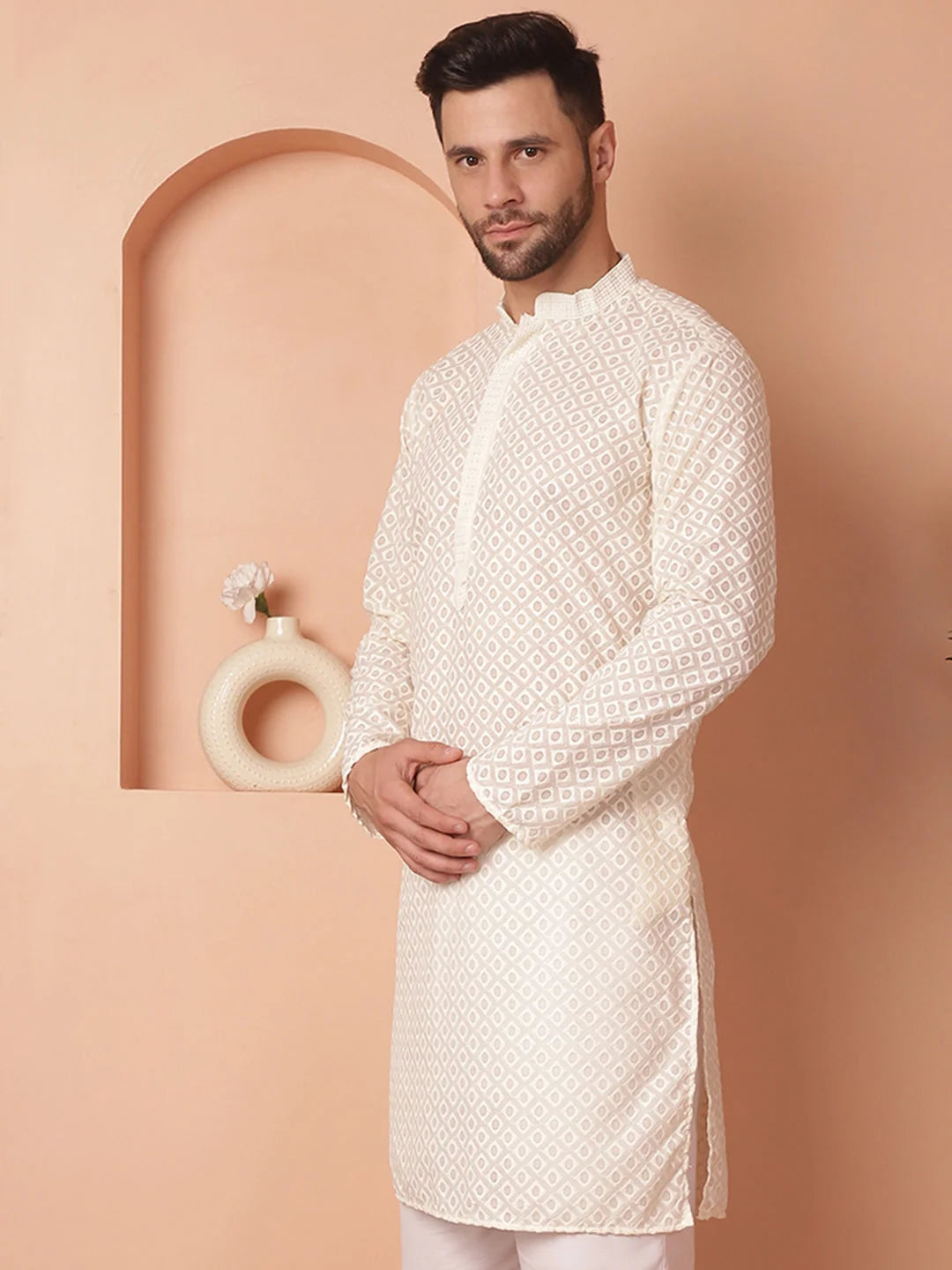 Cream Mens Kurta: Cotton Indian Kurta for Men - Chikankari
