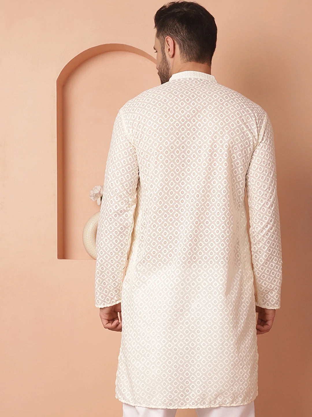 Cream Mens Kurta: Cotton Indian Kurta for Men - Chikankari